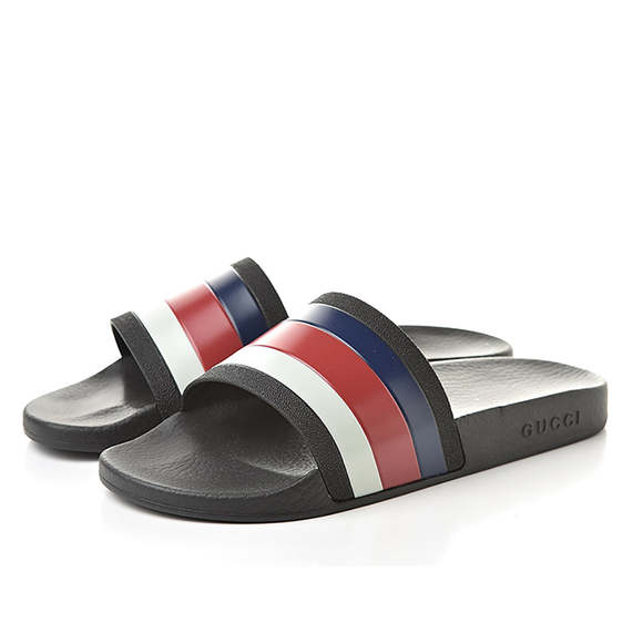 Gucci Men's Web Pursuit Rubber Pool Slide in Black Red Blue - Picture 3 of 3